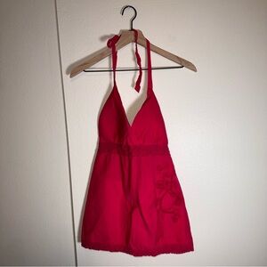 VINTAGE VANITY Y2K party festival embroidered crochet strap halter top L